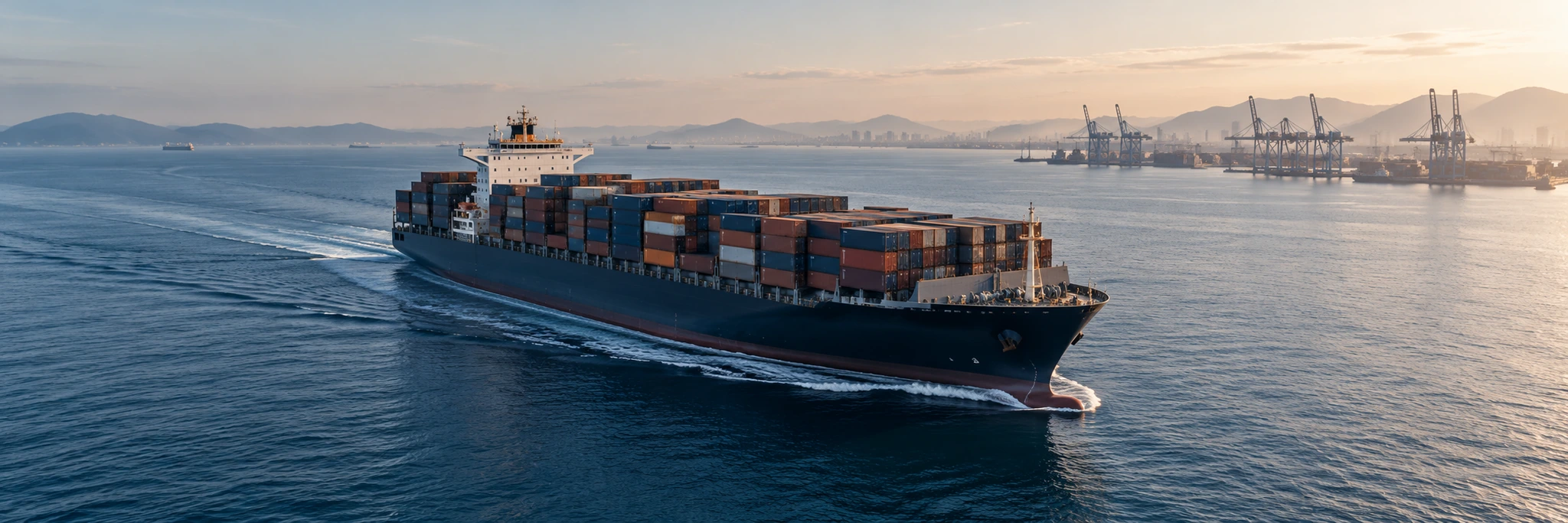 Illustrative maritime scene of a container ship approaching an international port.